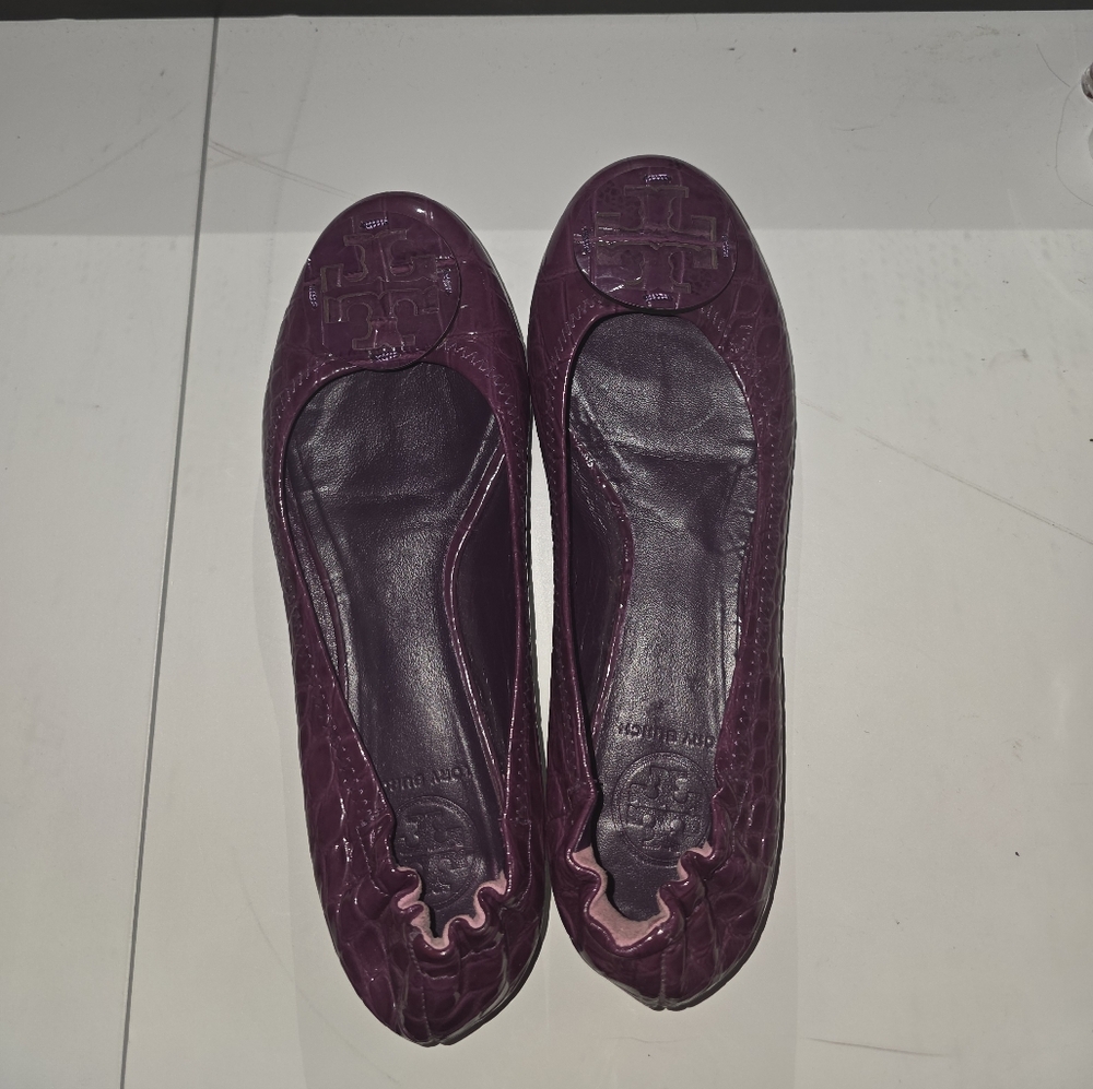 Tory Burch Reva Purple Crocodile Embossed Patent Leather Flats, 7